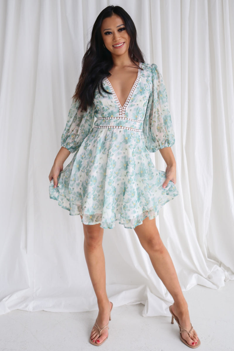 Dela Mini Dress - Sage/White Floral