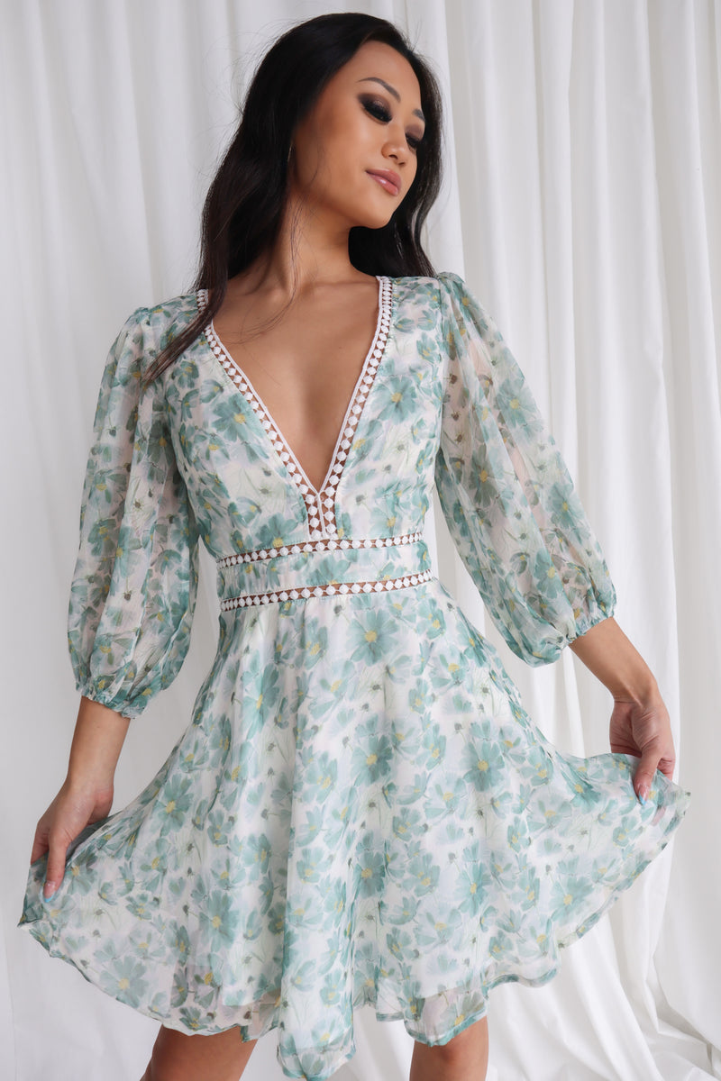 Dela Mini Dress - Sage/White Floral