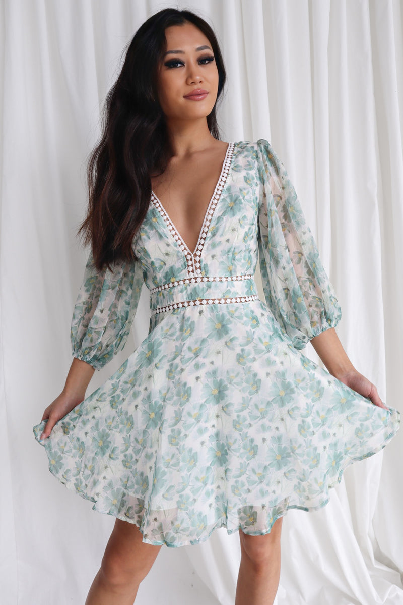 Dela Mini Dress - Sage/White Floral