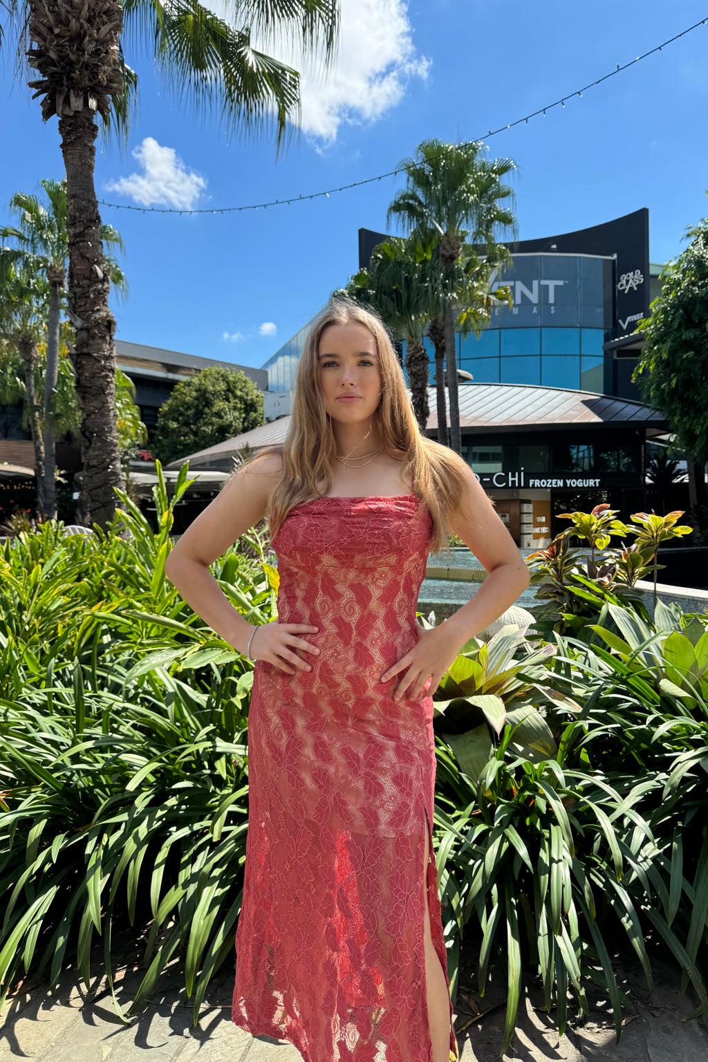 Celine Lace Midi - Coral Red - Runway Goddess