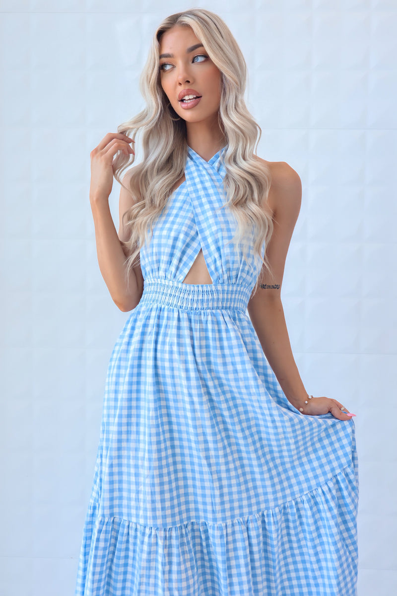 Chelsea Gingham Maxi Dress - Baby Blue or Baby Pink