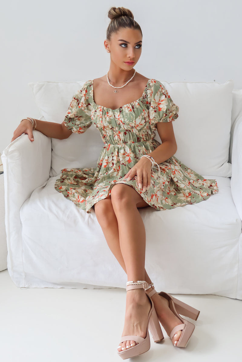 Doria Mini Dress - Green Floral