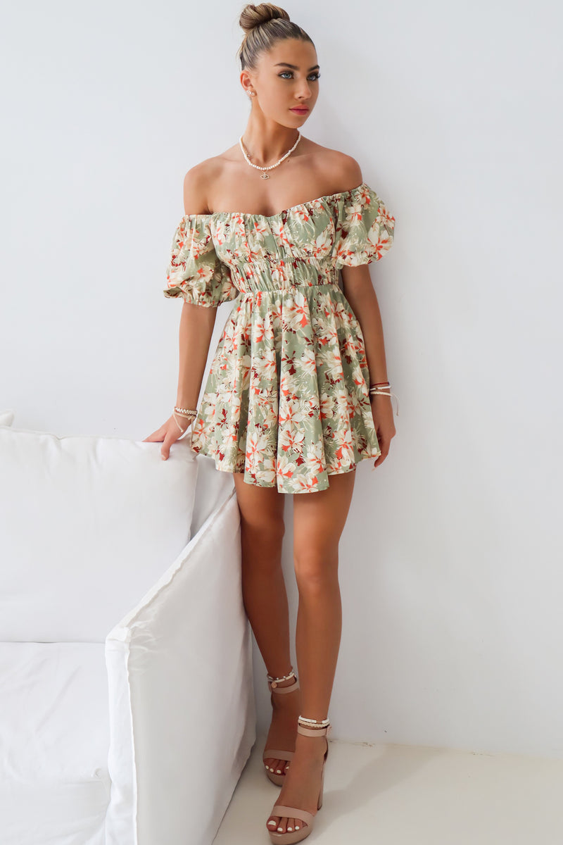 Doria Mini Dress - Green Floral