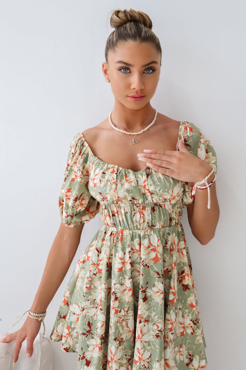 Doria Mini Dress - Green Floral