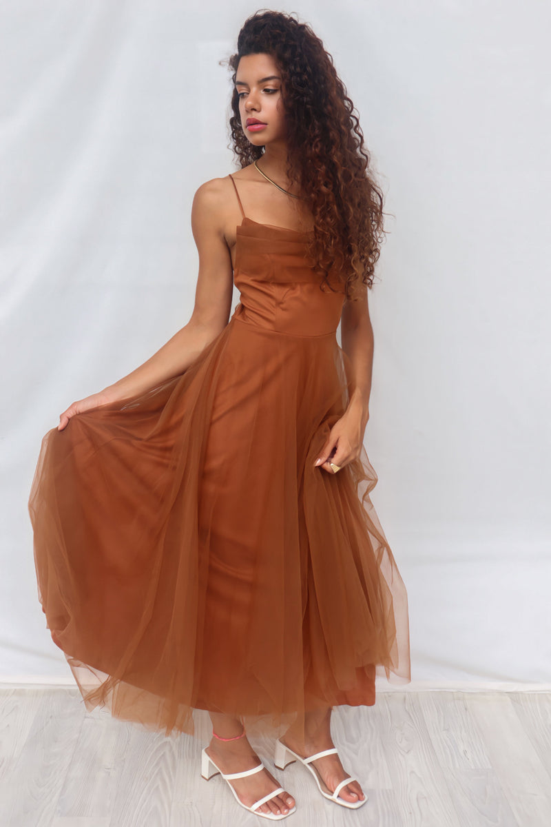 Latisha Tulle Midi Dress - Brown