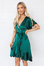 Satin Butterfly Midi Dress - Emerald Green