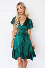 Satin Butterfly Midi Dress - Emerald Green