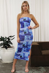 Xyra Midi Dress - Blue Postcard Print