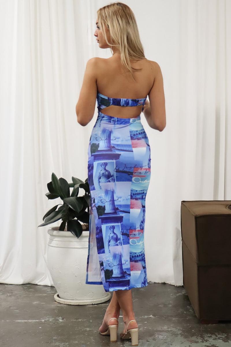 Xyra Midi Dress - Blue Postcard Print